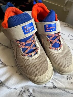 Nike Kids Tan Mesh Sneakers with Bright Blue and Orange Accents